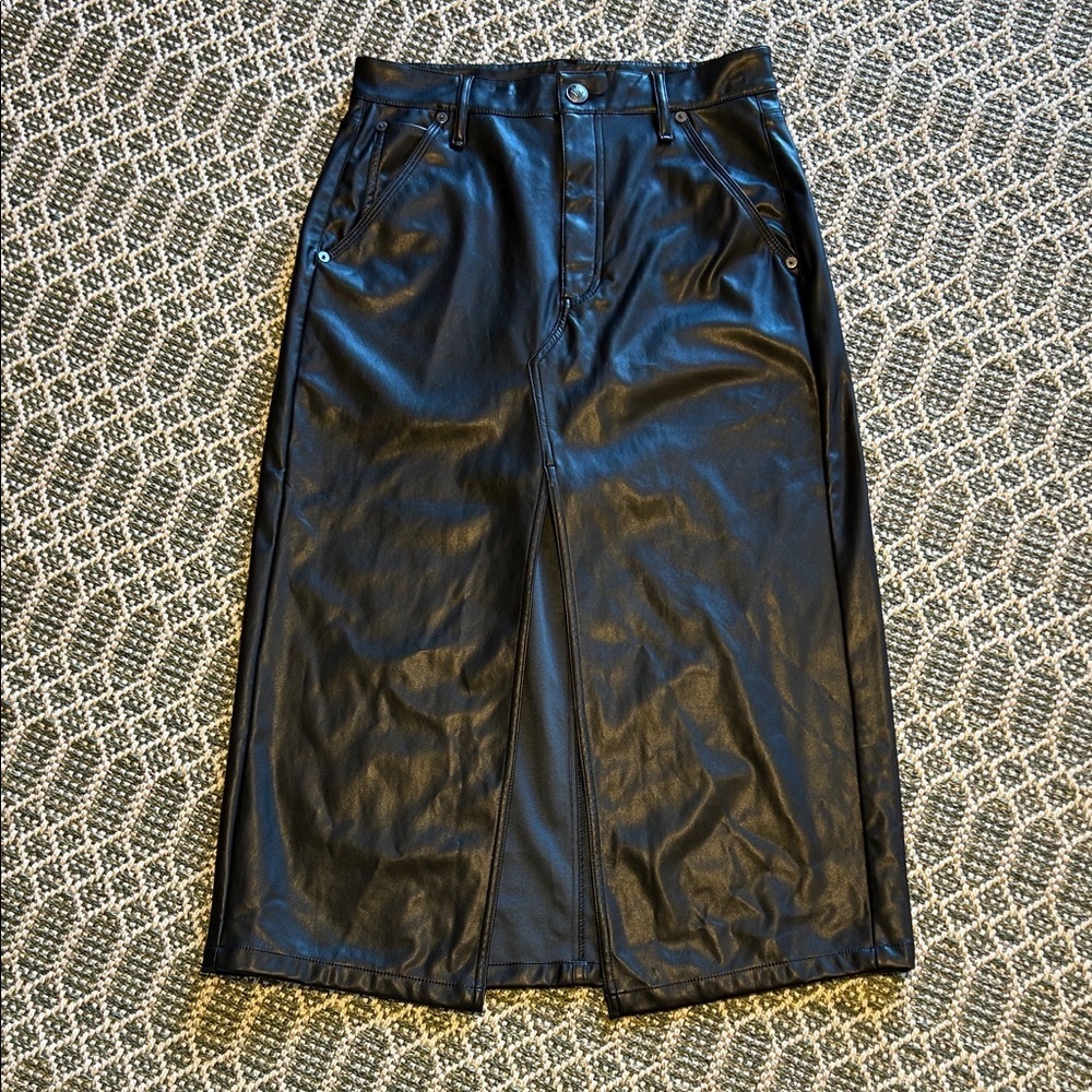 Rag & Bone Boho Moto Chic Sid Black Faux Vegan Leather MIDI Skirt | Sz 27 | NWT